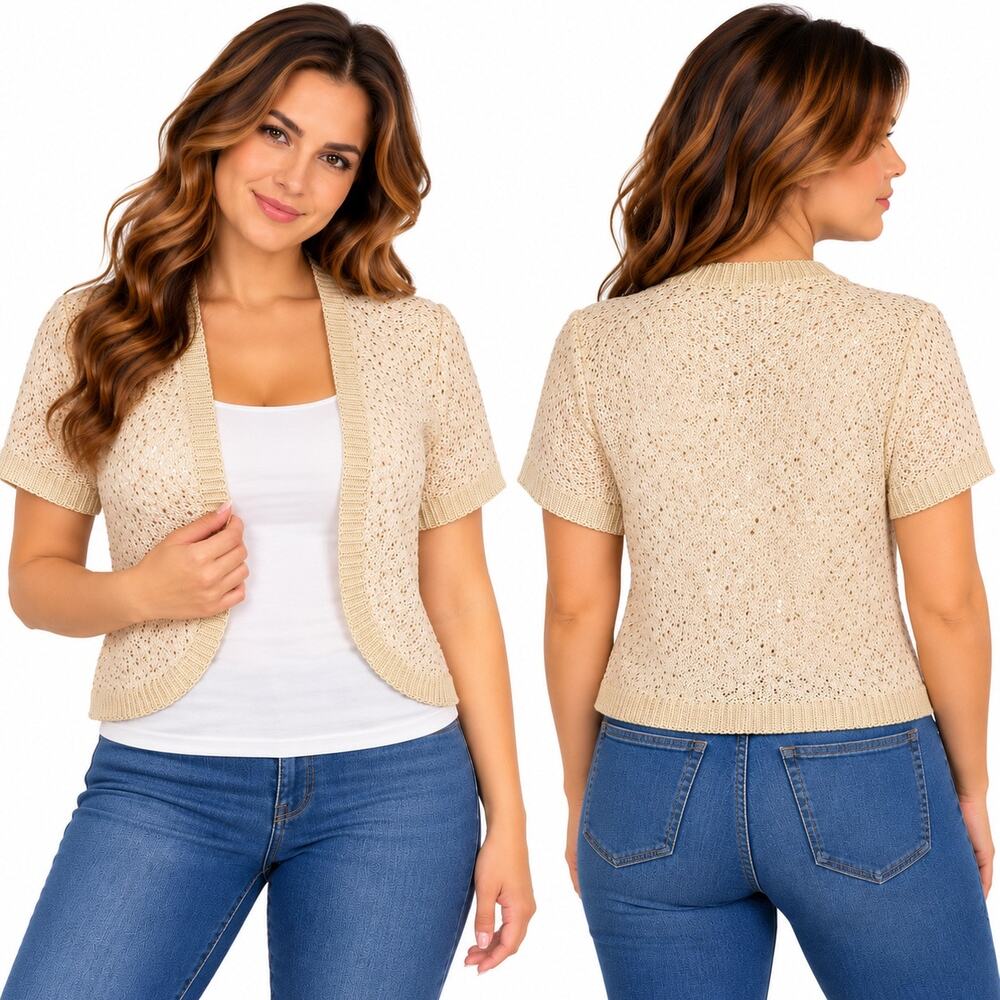 Y2K Dressbarn Womens Beige Gold Sequin Open Front Knit Bolero Cardigan Large